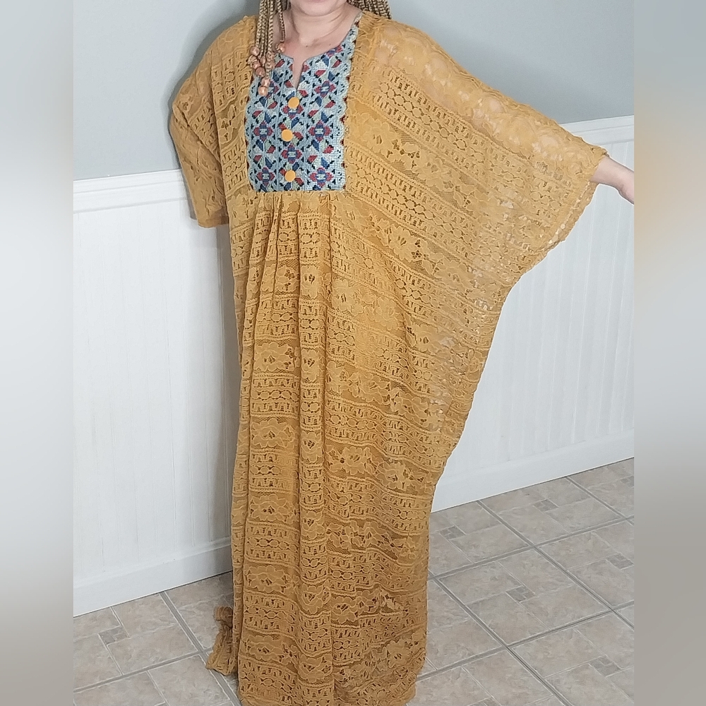 Gold and Blue Dolman Sleeve Maxi Dress for Resort Wear